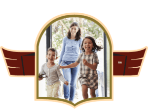 static image family of 3 running inside front door